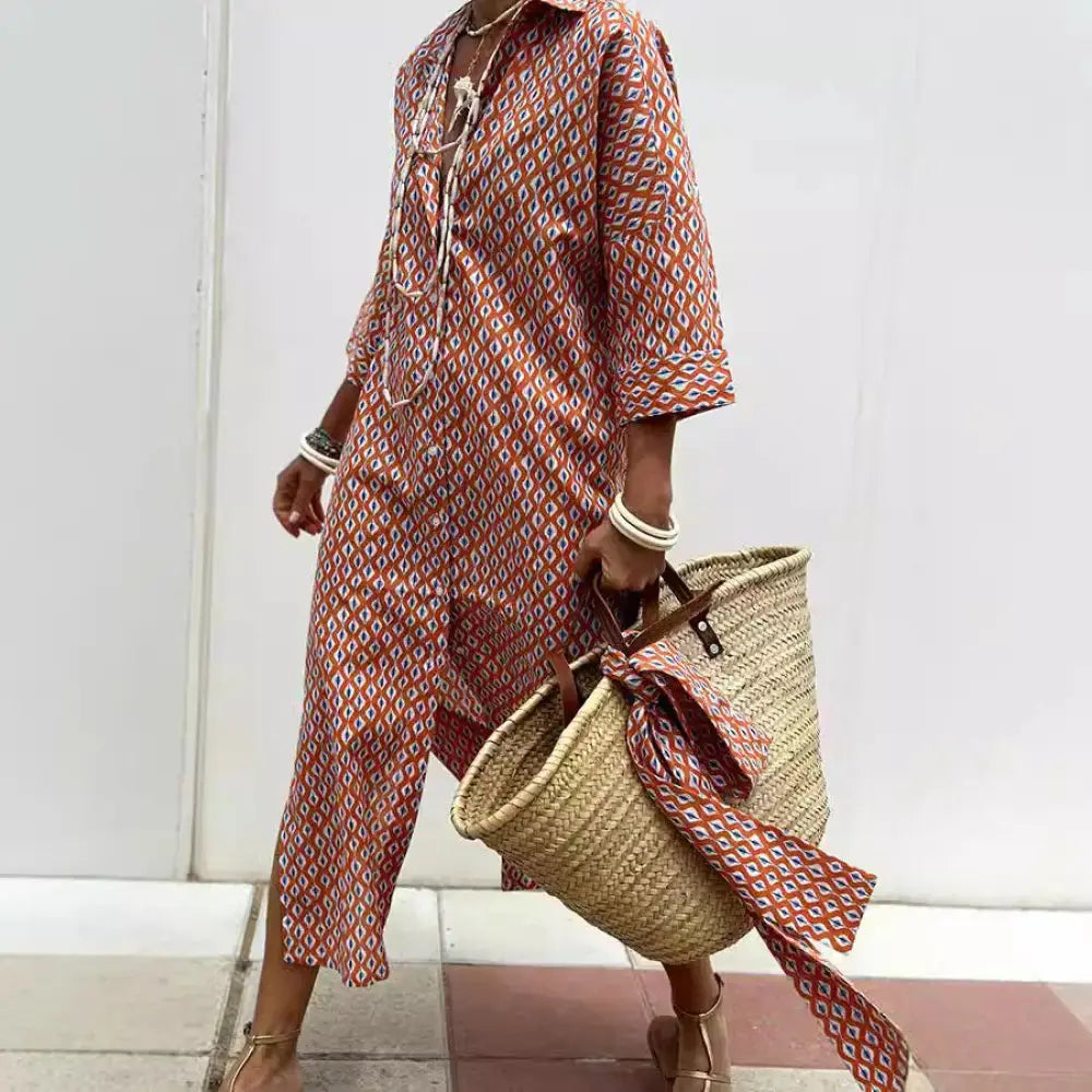 Women's Striped Belted Lapel Shirt Dress | Half Sleeve Midi Vicsxox