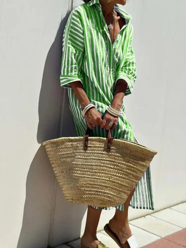 Women's Striped Belted Lapel Shirt Dress | Half Sleeve Midi Vicsxox