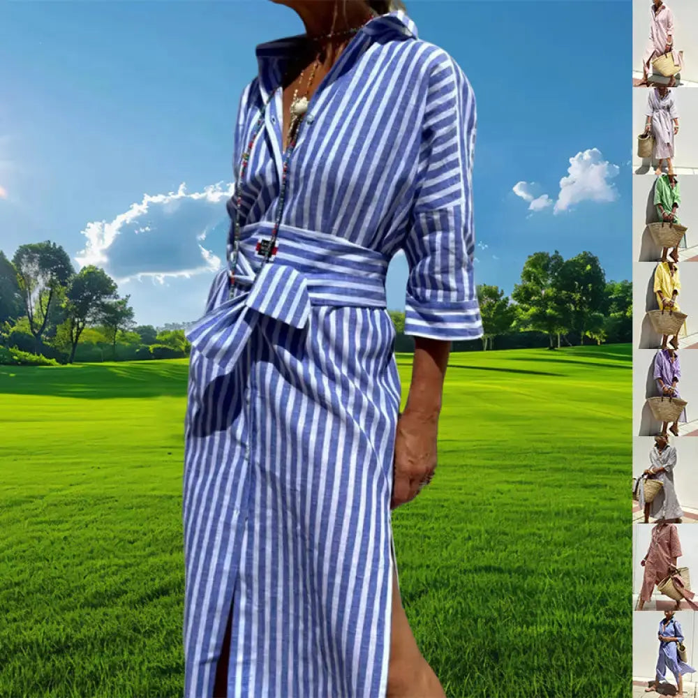 Women's Striped Belted Lapel Shirt Dress | Half Sleeve Midi Vicsxox