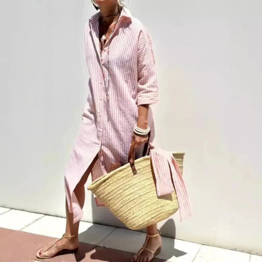 Women's Striped Belted Lapel Shirt Dress | Half Sleeve Midi Vicsxox