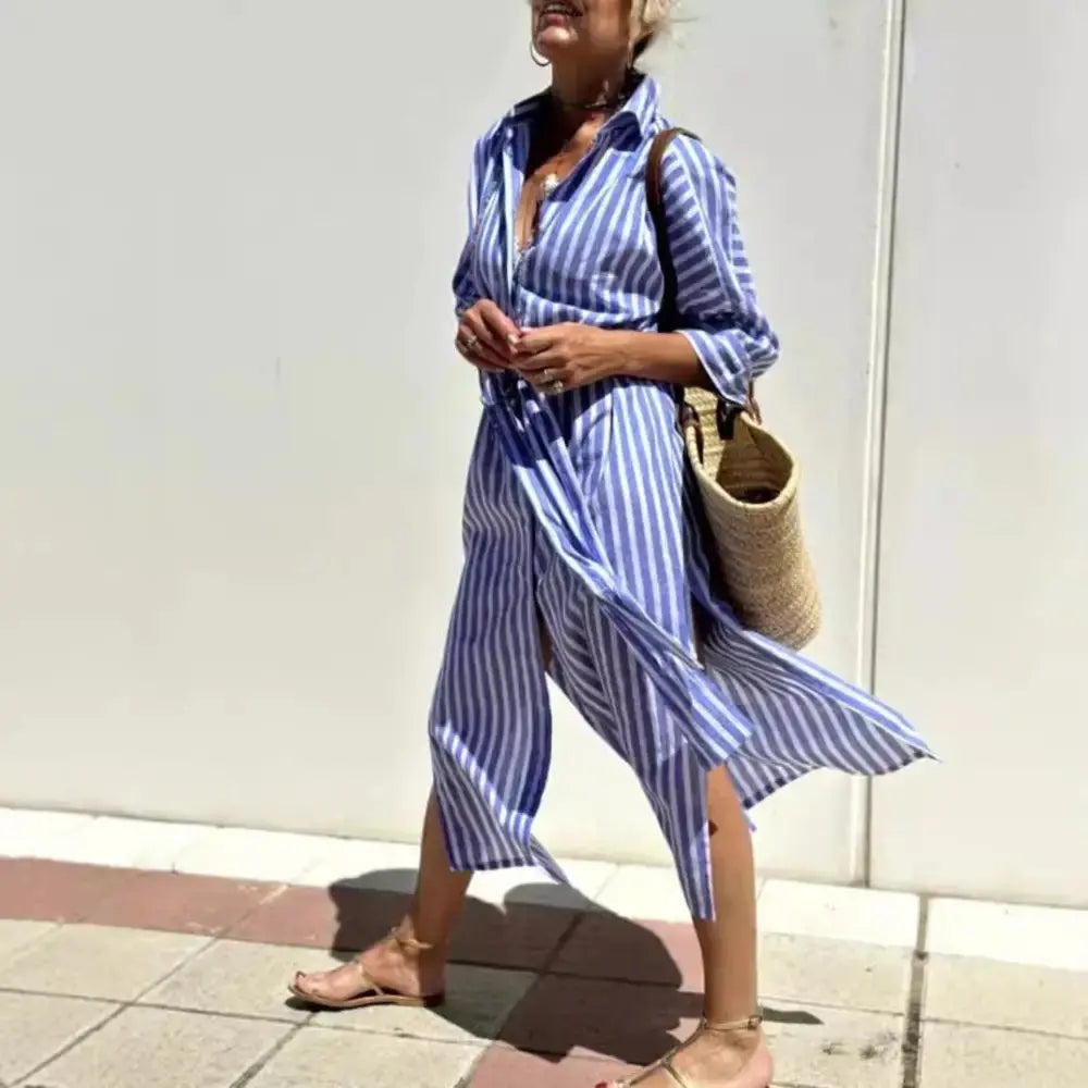 Women's Striped Belted Lapel Shirt Dress | Half Sleeve Midi Vicsxox