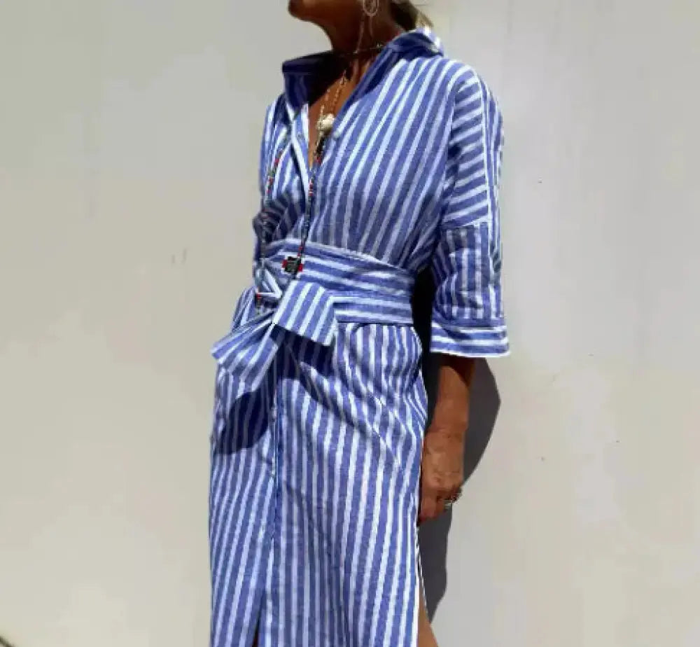 Women's Striped Belted Lapel Shirt Dress | Half Sleeve Midi Vicsxox