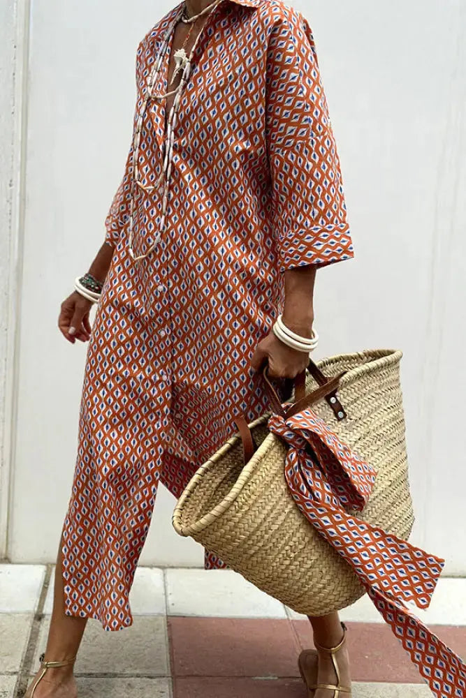 Women's Striped Belted Lapel Shirt Dress | Half Sleeve Midi Vicsxox