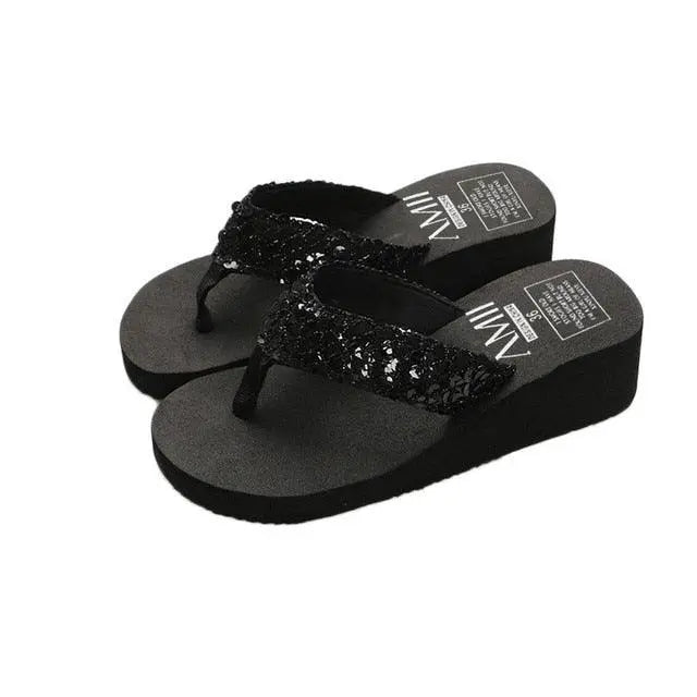 Summer Women Flip Flops Casual Sequins Anti-Slip Slippers Beach Flip Flat Sandals Beach Open Toe Shoes Womens Glitter Bling Fancy Slide Flat Low Sparkle Sandals Elegant Shoes Stevvex
