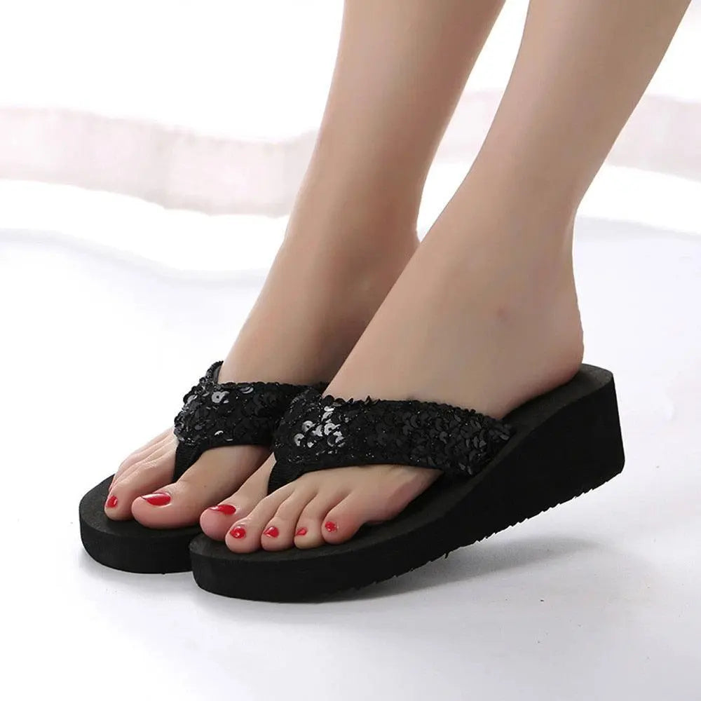 Summer Women Flip Flops Casual Sequins Anti-Slip Slippers Beach Flip Flat Sandals Beach Open Toe Shoes Womens Glitter Bling Fancy Slide Flat Low Sparkle Sandals Elegant Shoes Stevvex