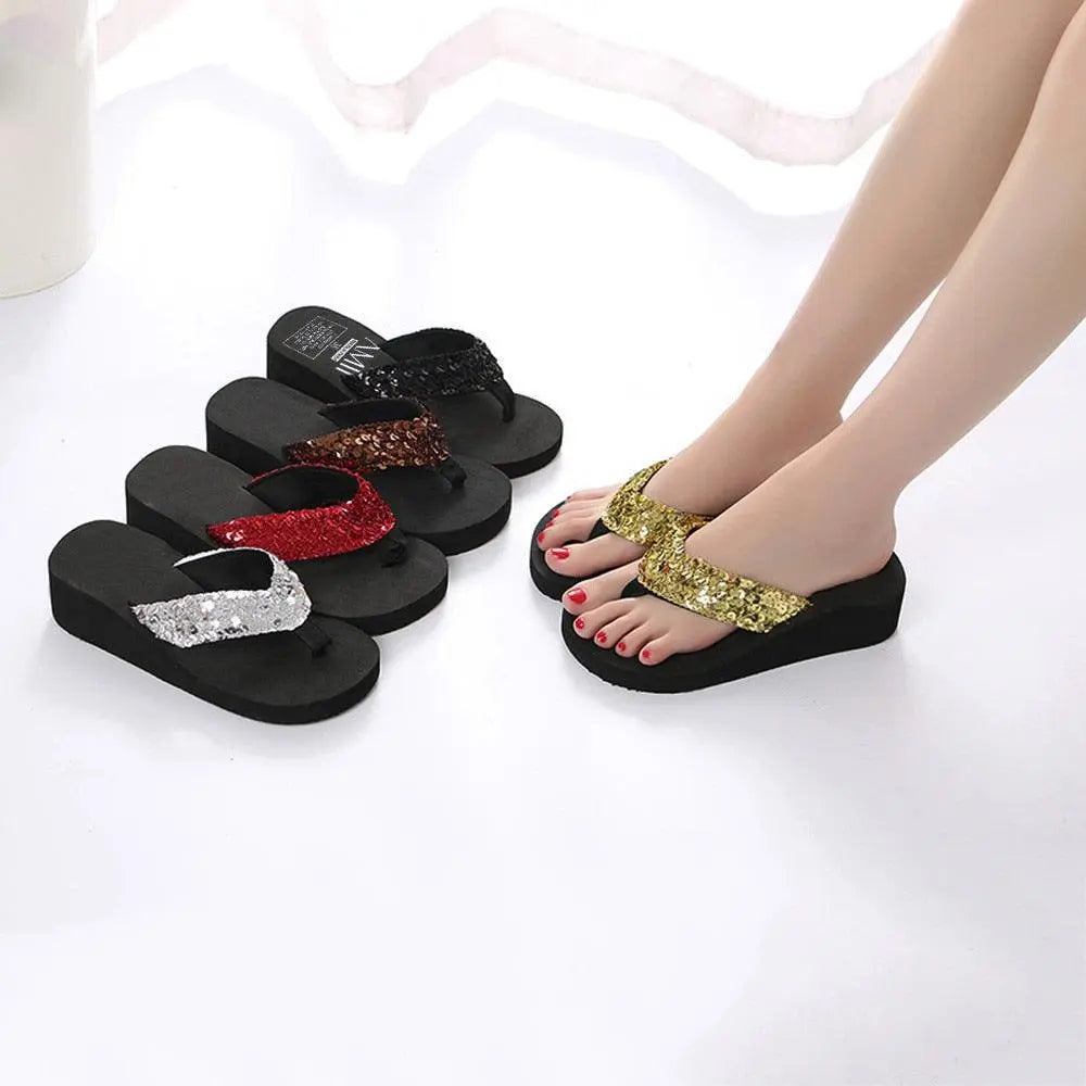 Summer Women Flip Flops Casual Sequins Anti-Slip Slippers Beach Flip Flat Sandals Beach Open Toe Shoes Womens Glitter Bling Fancy Slide Flat Low Sparkle Sandals Elegant Shoes Stevvex