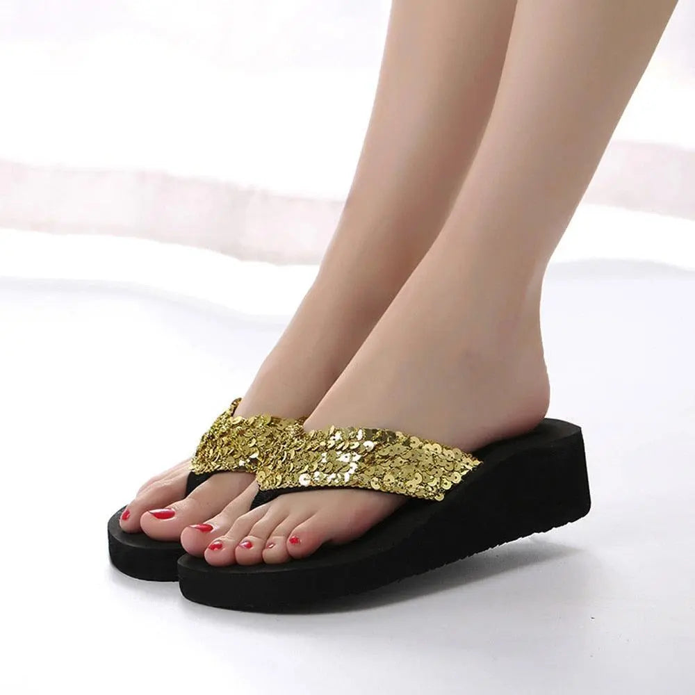 Summer Women Flip Flops Casual Sequins Anti-Slip Slippers Beach Flip Flat Sandals Beach Open Toe Shoes Womens Glitter Bling Fancy Slide Flat Low Sparkle Sandals Elegant Shoes Stevvex