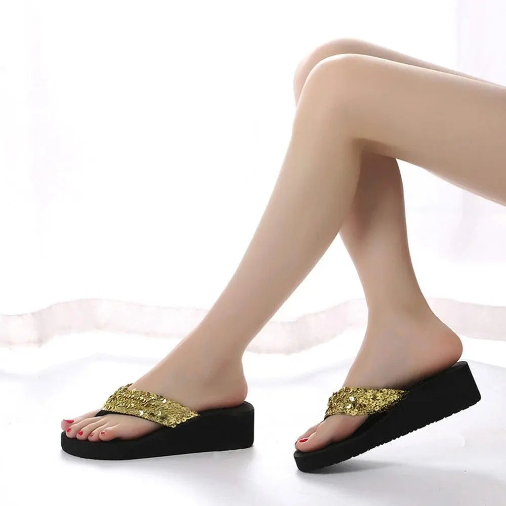 Summer Women Flip Flops Casual Sequins Anti-Slip Slippers Beach Flip Flat Sandals Beach Open Toe Shoes Womens Glitter Bling Fancy Slide Flat Low Sparkle Sandals Elegant Shoes Stevvex