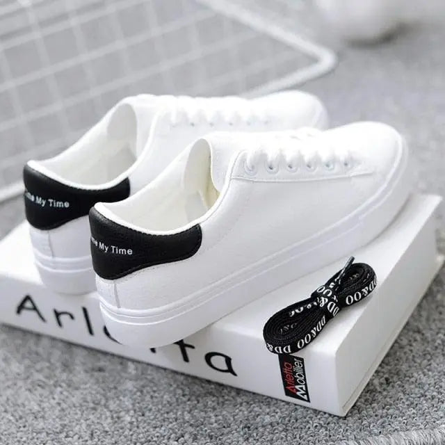 Women's White Platform Sneakers – Breathable Leather Lace-Up Casual Trainers