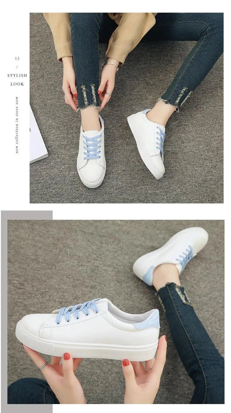 Women's White Platform Sneakers – Breathable Leather Lace-Up Casual Trainers