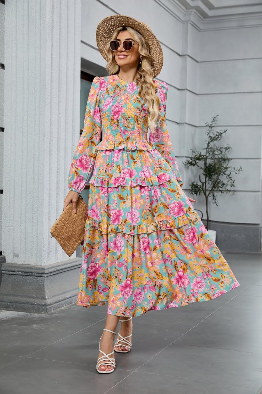 ZAFUL Smocked Tiered Maxi Dress with Long Puff Sleeves