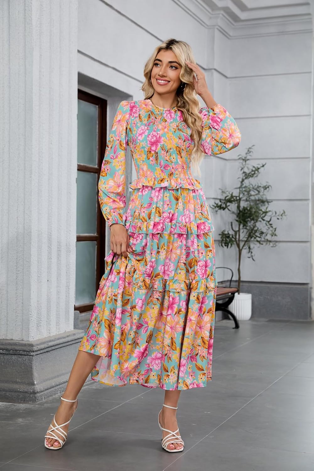 ZAFUL Smocked Tiered Maxi Dress with Long Puff Sleeves