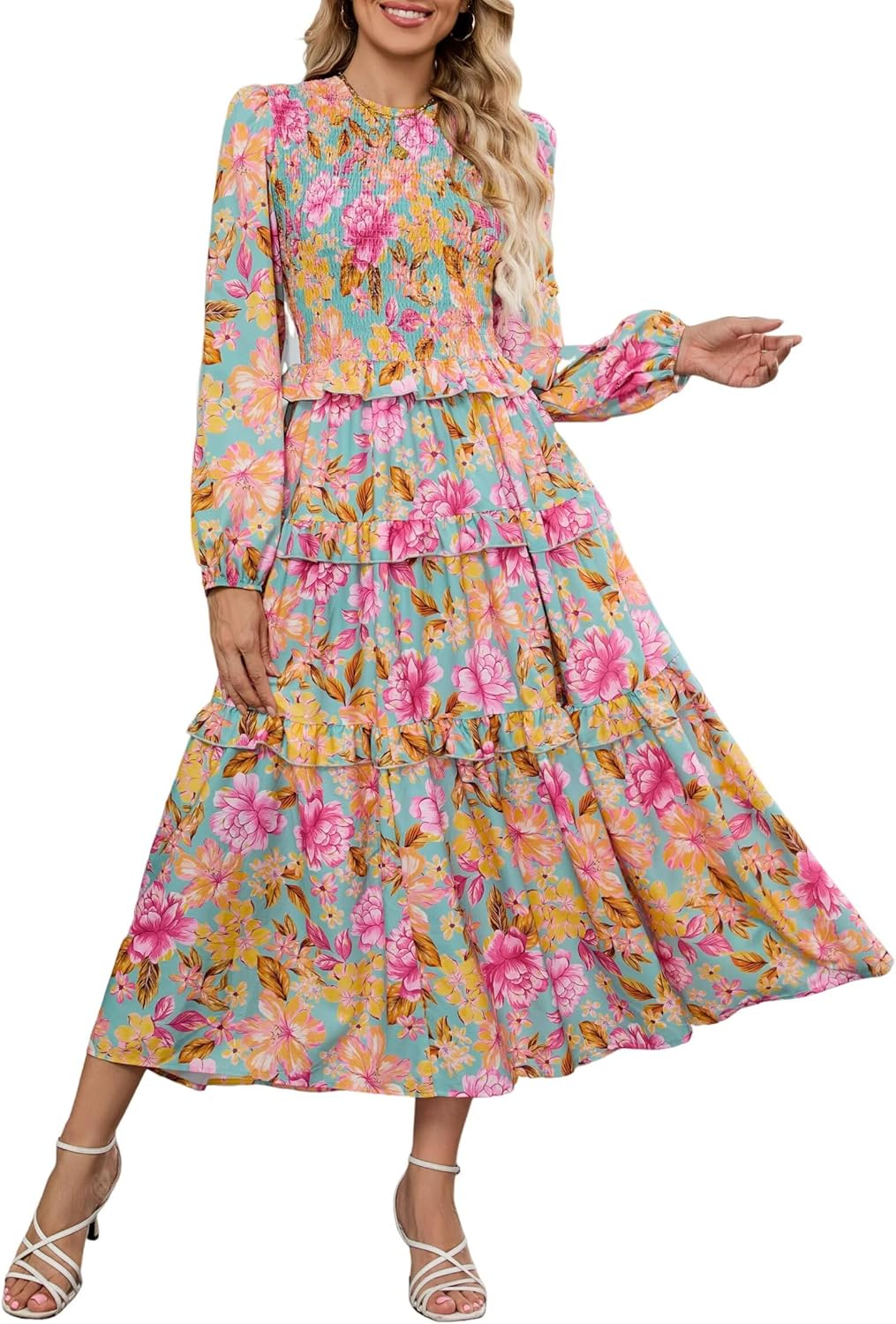 ZAFUL Smocked Tiered Maxi Dress with Long Puff Sleeves