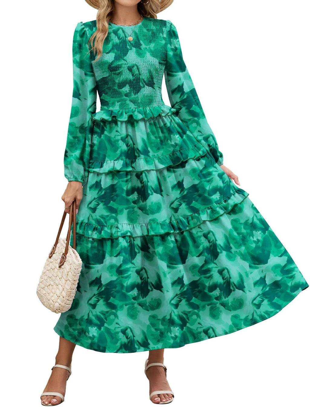 ZAFUL Smocked Tiered Maxi Dress with Long Puff Sleeves