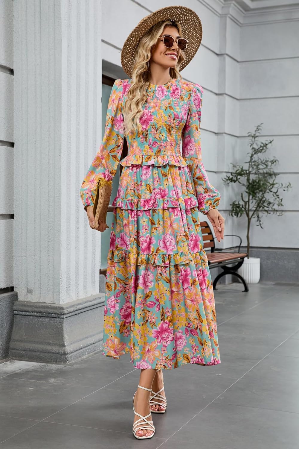ZAFUL Smocked Tiered Maxi Dress with Long Puff Sleeves