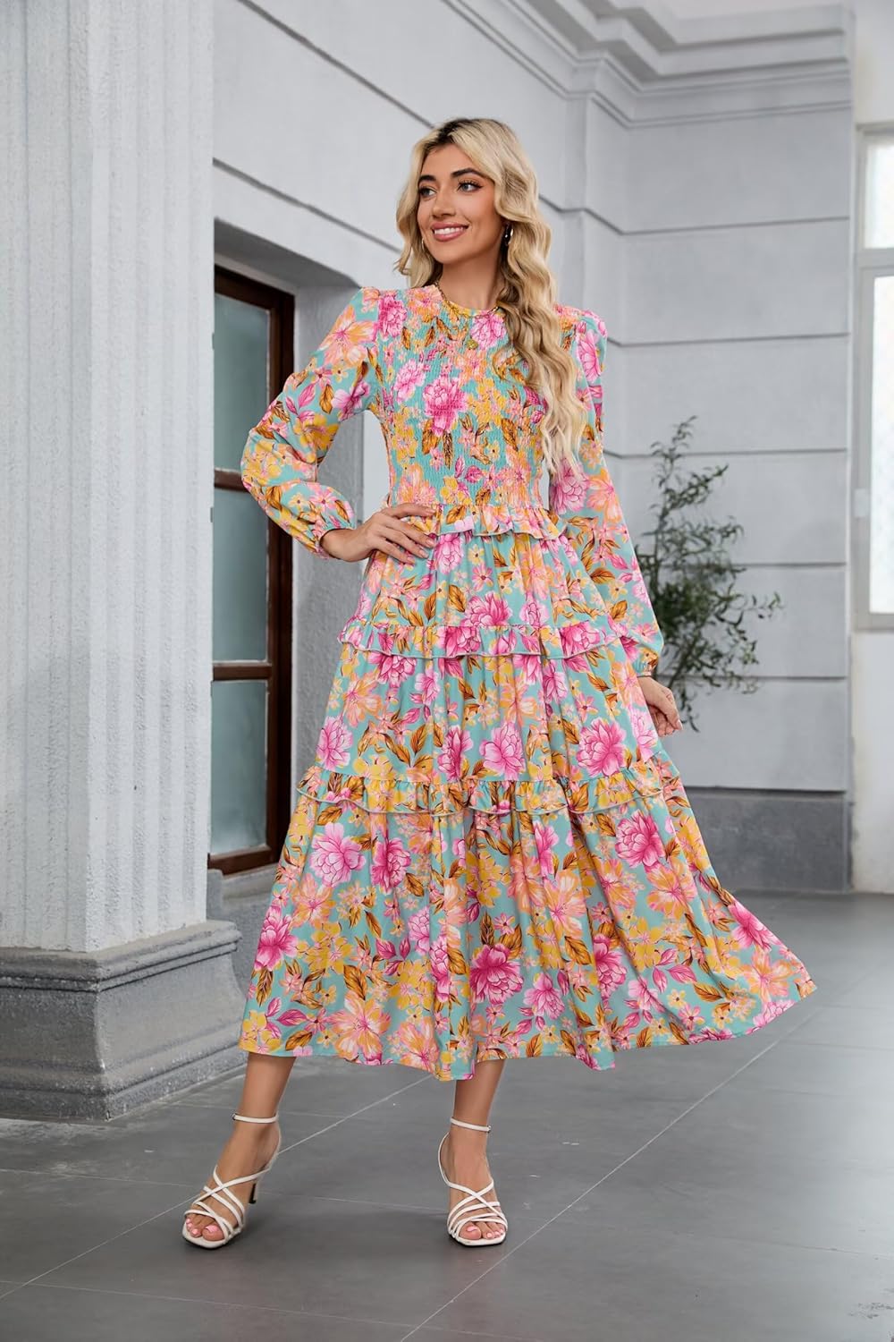 ZAFUL Smocked Tiered Maxi Dress with Long Puff Sleeves