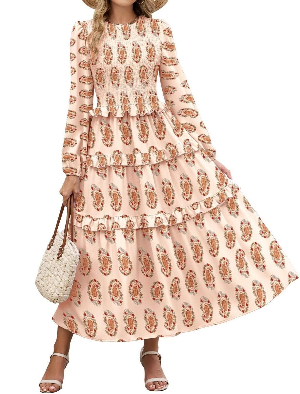 ZAFUL Smocked Tiered Maxi Dress with Long Puff Sleeves