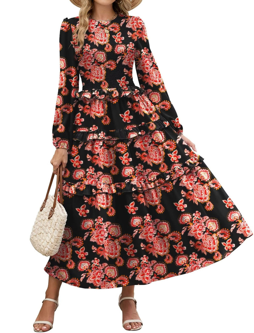 ZAFUL Smocked Tiered Maxi Dress with Long Puff Sleeves