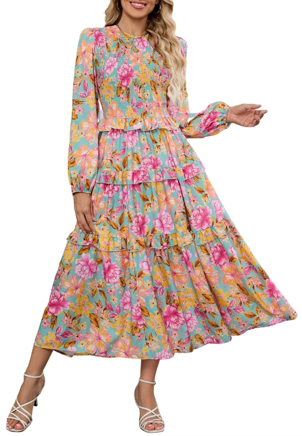 ZAFUL Smocked Tiered Maxi Dress with Long Puff Sleeves