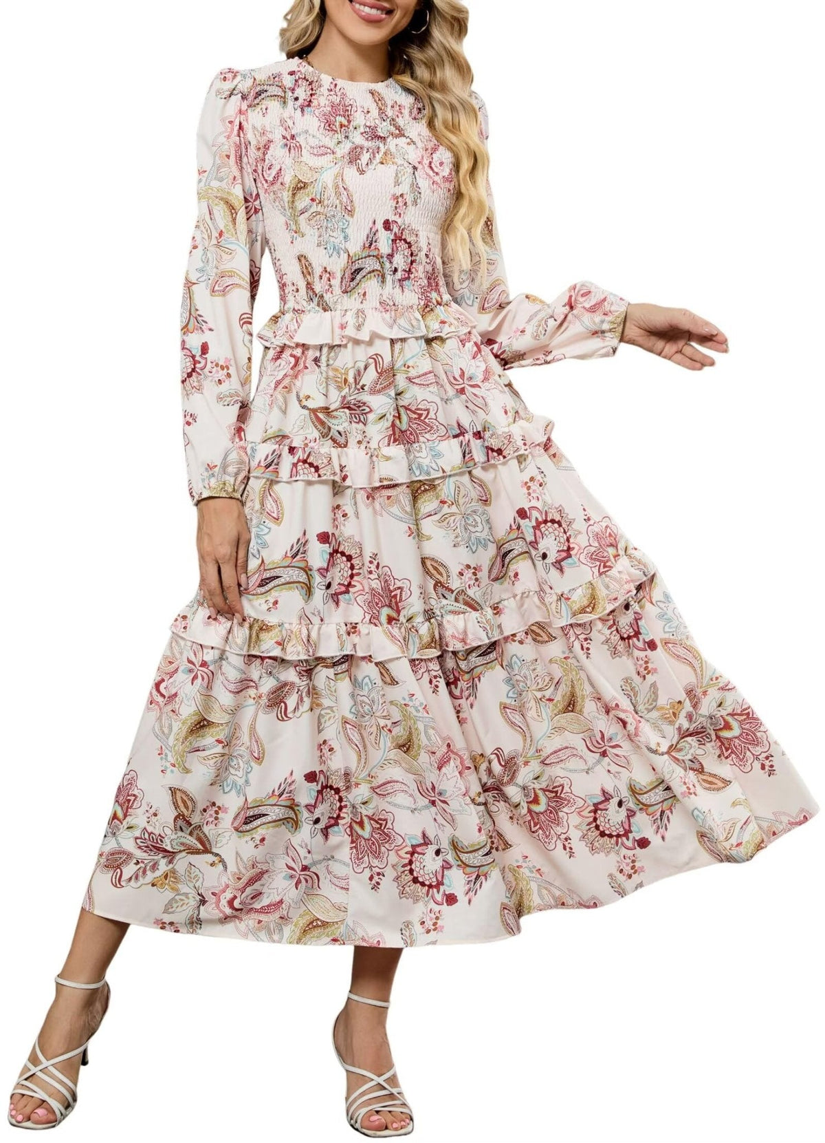 ZAFUL Smocked Tiered Maxi Dress with Long Puff Sleeves