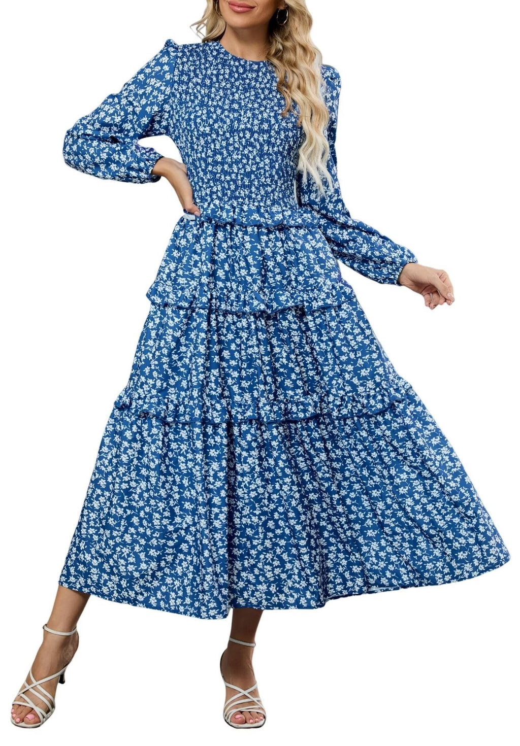 ZAFUL Smocked Tiered Maxi Dress with Long Puff Sleeves