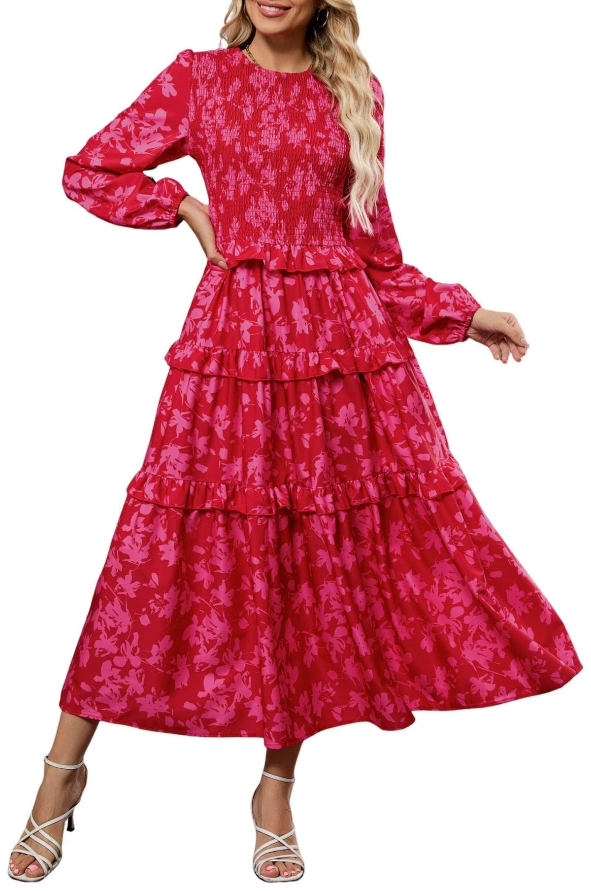 ZAFUL Smocked Tiered Maxi Dress with Long Puff Sleeves