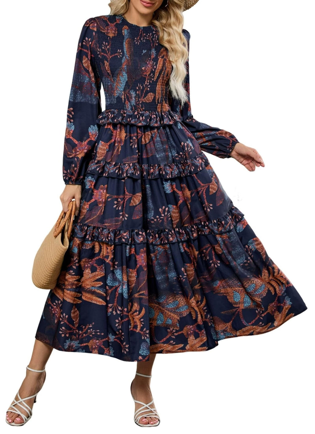 ZAFUL Smocked Tiered Maxi Dress with Long Puff Sleeves