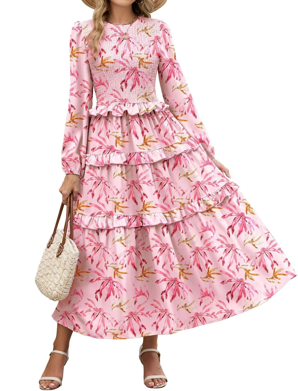 ZAFUL Smocked Tiered Maxi Dress with Long Puff Sleeves