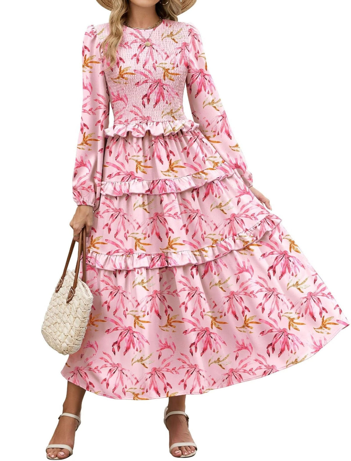 ZAFUL Smocked Tiered Maxi Dress with Long Puff Sleeves