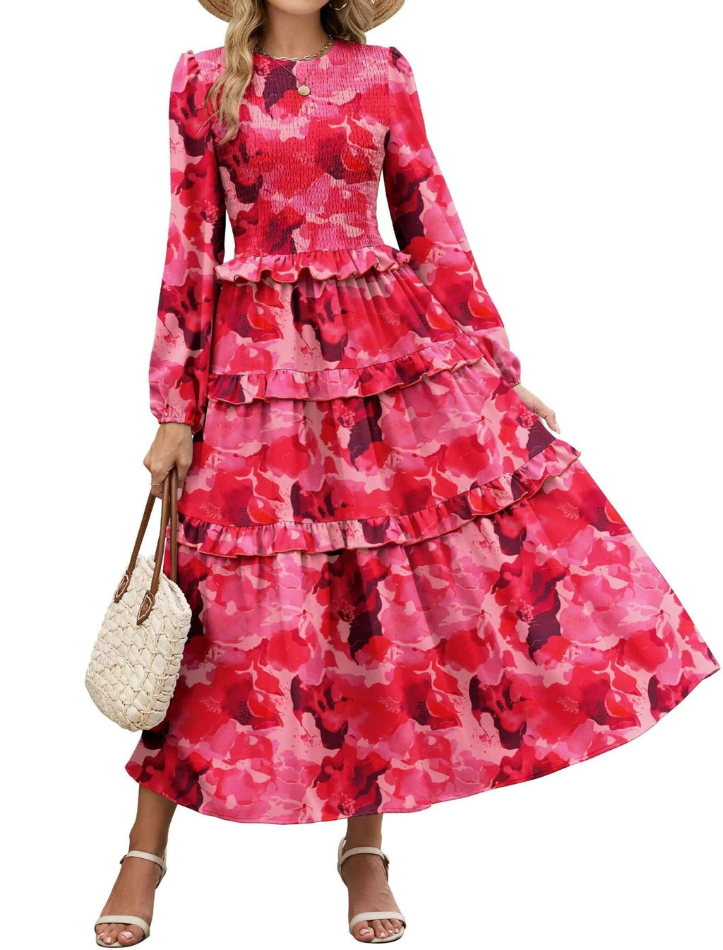 ZAFUL Smocked Tiered Maxi Dress with Long Puff Sleeves