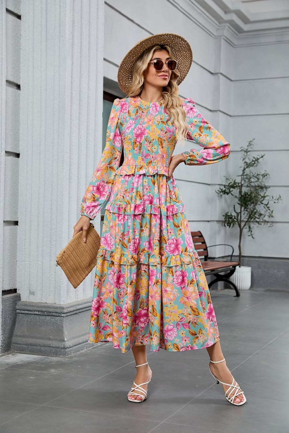 ZAFUL Smocked Tiered Maxi Dress with Long Puff Sleeves