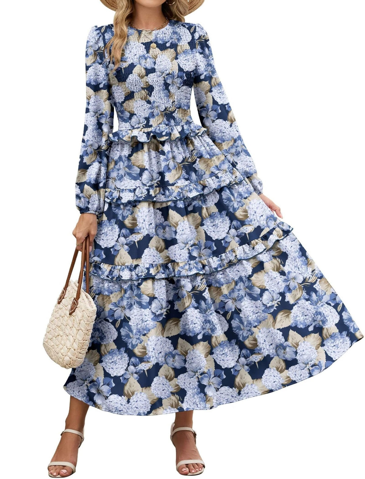 ZAFUL Smocked Tiered Maxi Dress with Long Puff Sleeves